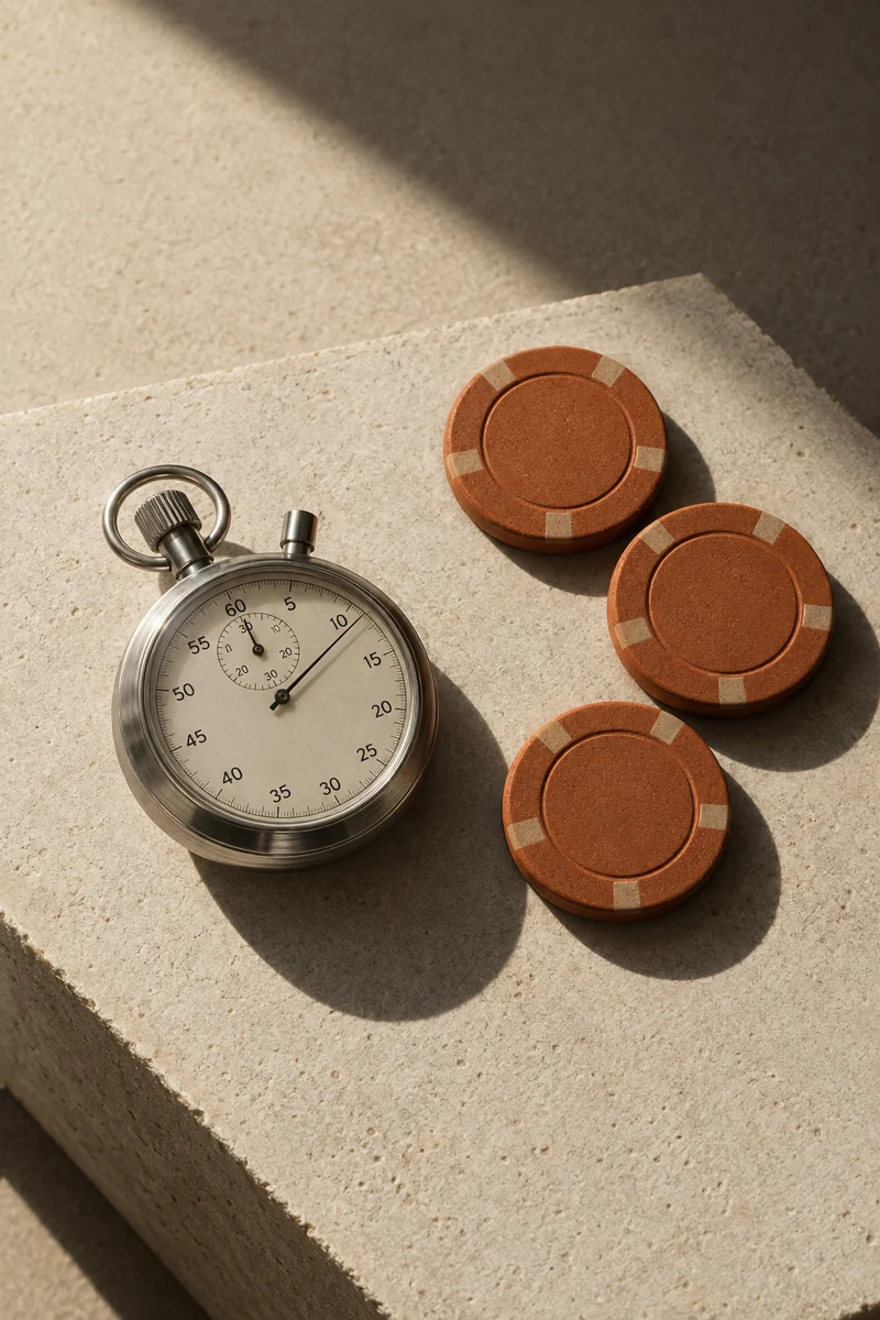 Illustrative still life of a stopwatch and unbranded gaming chips
